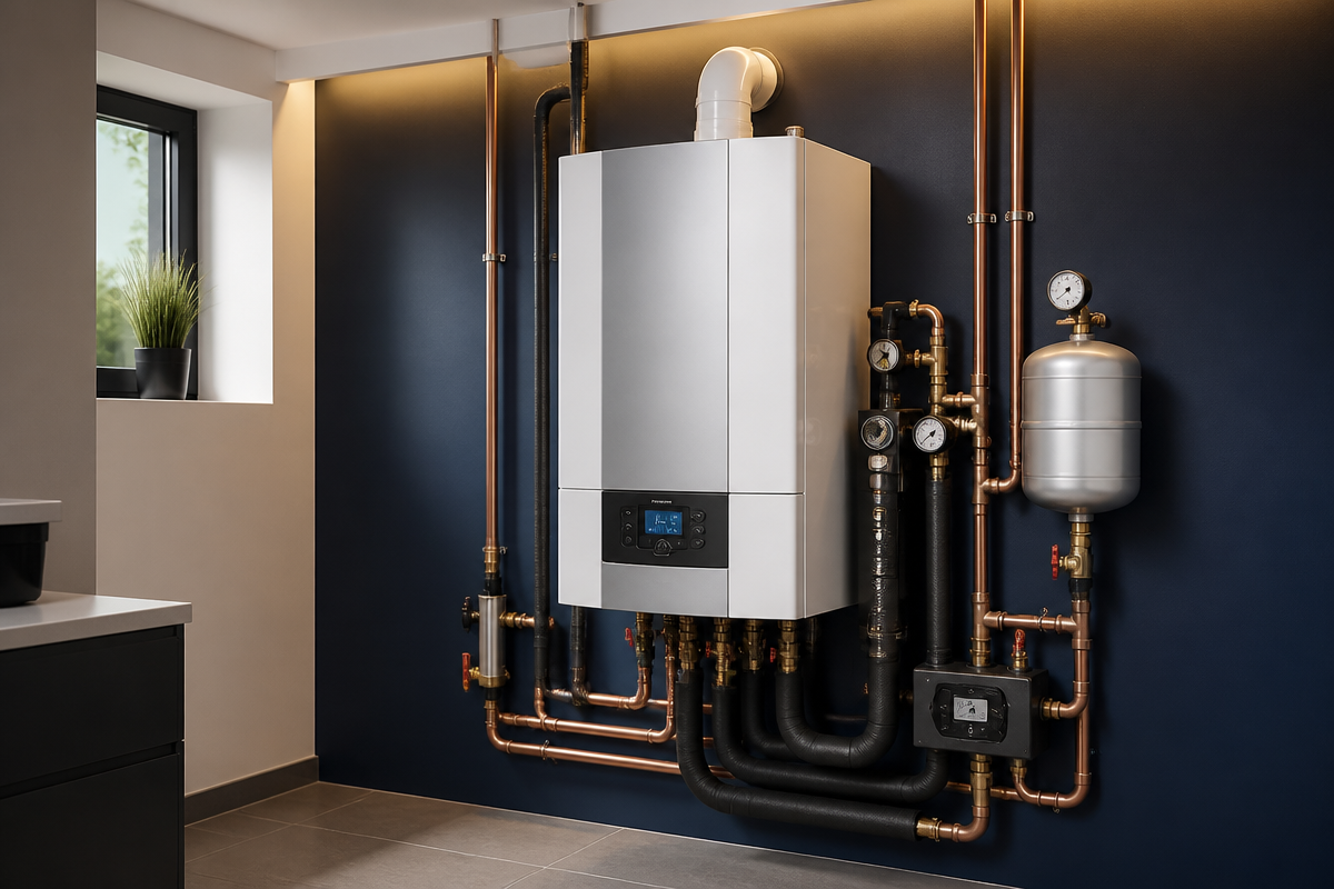Chaudière gaz moderne installée dans un local technique, intervention RHÔN'EAU à Lyon