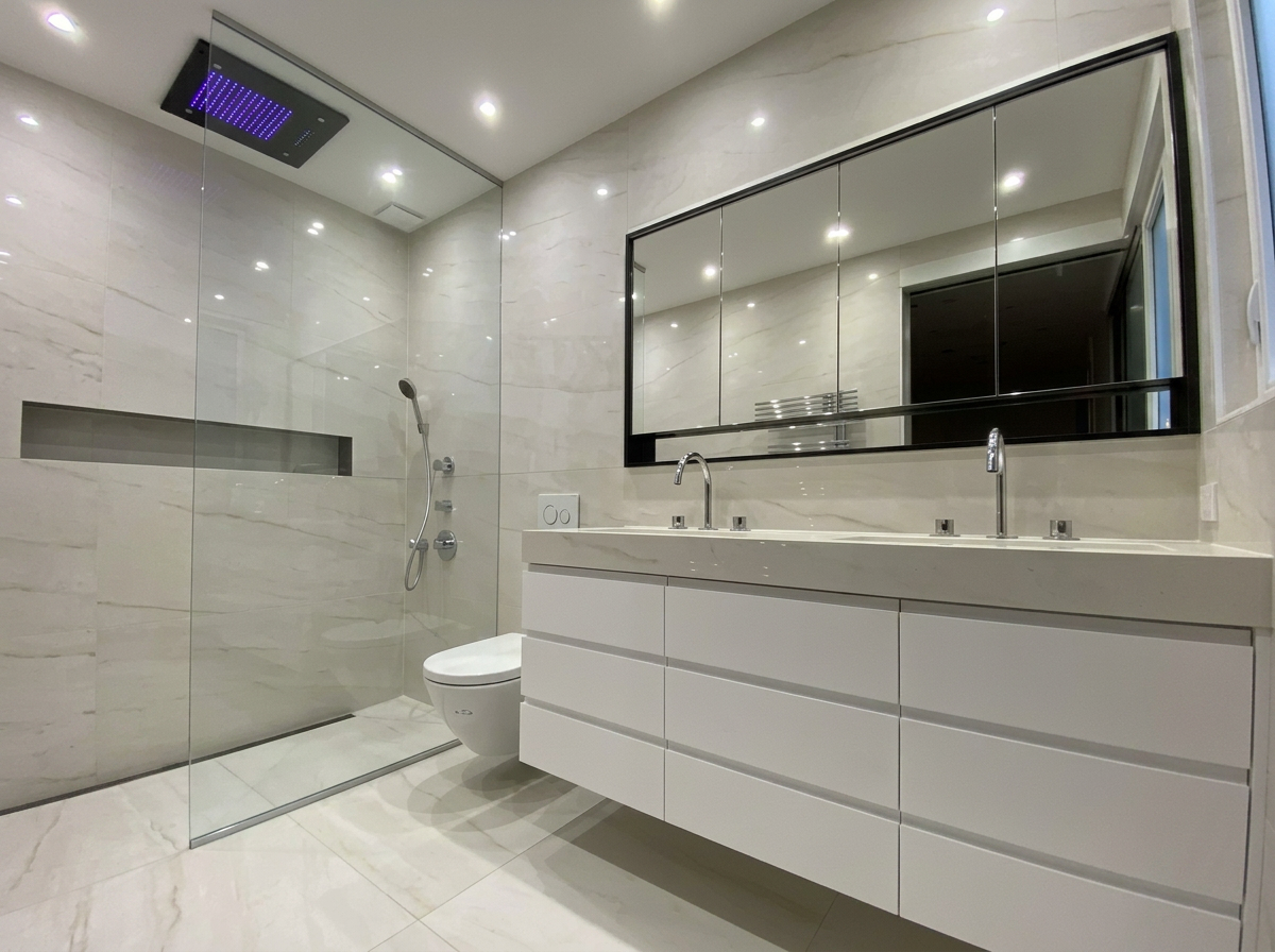 Salle de bain avec douche à l'italienne réalisée par RHÔN'EAU à Lyon
